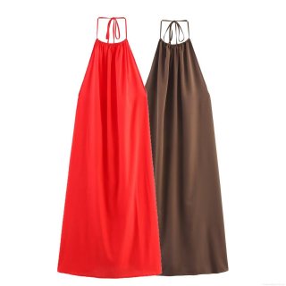 Women Sexy Halter Backless Midi Dress Summer Solid Color Satin Sleeveless A-Line Vacation Party Dress For Ladies Elegant Slim Fit Long Vestidos