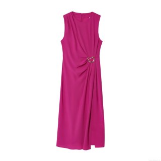 Women's Elegant Rose Red Sleeveless Midi Dress With Metal Buckle Pleated Side Split Slim Fit Polyester Pullover Dress for Summer Office Party