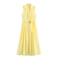 Women Fashion Poplin Midi Dress Sleeveless Lapel Button Down Shirt Dress With Belt Elegant Solid Yellow Casual Summer Office Lady A-Line Pleated Dress