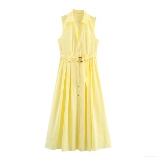 Women Fashion Poplin Midi Dress Sleeveless Lapel Button Down Shirt Dress With Belt Elegant Solid Yellow Casual Summer Office Lady A-Line Pleated Dress