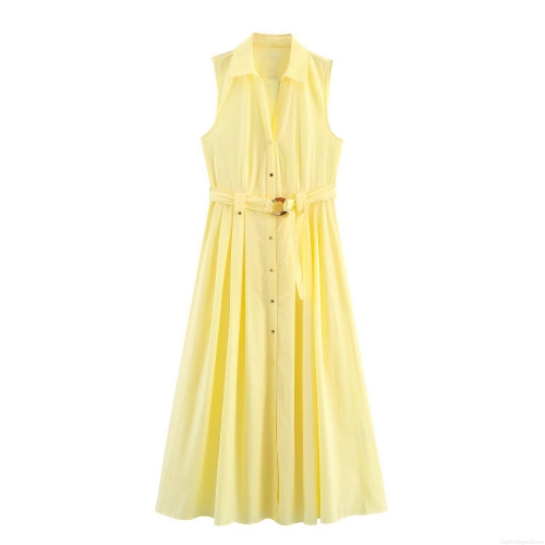 Women Fashion Poplin Midi Dress Sleeveless Lapel Button Down Shirt Dress With Belt Elegant Solid Yellow Casual Summer Office Lady A-Line Pleated Dress