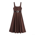 Women's Square Neck Sleeveless Midi Dress With Belt Solid Color A-Line Polyester Cotton Blend Casual Summer Dress For Ladies Elegant Work Daily Outfits