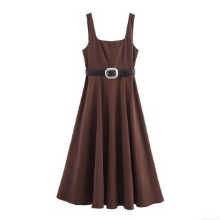 Women's Square Neck Sleeveless Midi Dress With Belt Solid Color A-Line Polyester Cotton Blend Casual Summer Dress For Ladies Elegant Work Daily Outfits