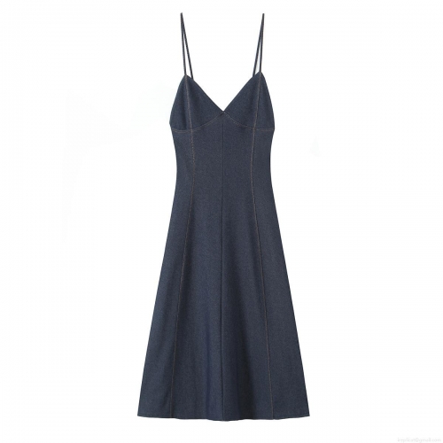 Women's Sexy Backless Denim Texture Cami Midi Dress Slim Fit V-Neck A-Line Summer Sundress For Party Vacation Dating Blue