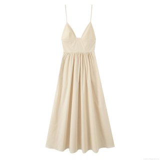 Women Sexy Backless Poplin Camisole Midi Dress Summer V-Neck Spaghetti Strap Pleated A-Line Party Dress For Ladies