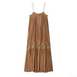 Women Sexy Camel Pleated Camisole Dress Lace Embroidery Stitching Summer Resort Style Sleeveless Midi Long Loose Dress For Holiday Party
