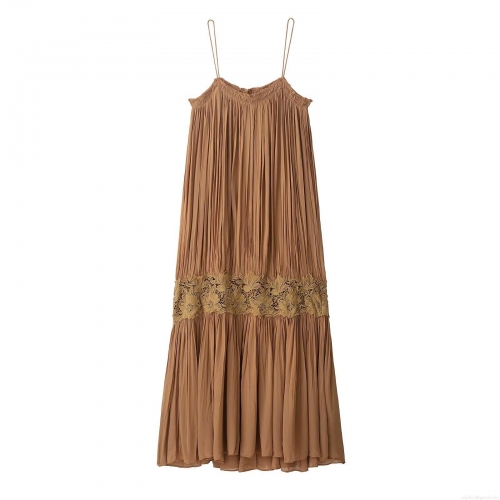 Women Sexy Camel Pleated Camisole Dress Lace Embroidery Stitching Summer Resort Style Sleeveless Midi Long Loose Dress For Holiday Party