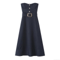 Summer Sexy Dark Blue Denim Strapless Midi Dress With Belt Gold Buttons Slim Fit Bodycon Evening Party Dress For Women