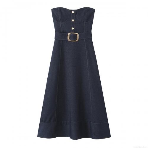 Summer Sexy Dark Blue Denim Strapless Midi Dress With Belt Gold Buttons Slim Fit Bodycon Evening Party Dress For Women