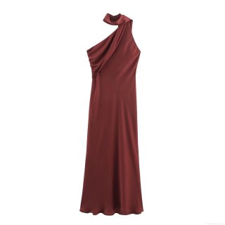Women Sexy Asymmetric Scarf Halter Neck Satin Midi Dress Elegant Ruched Sleeveless Wine Red Bodycon Dress For Party Banquet