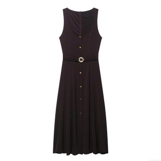 Women's Elegant Sleeveless Square Neck Midi Dress With Belt Single Breasted Button Decoration Polyester Slim Fit A-Line Dress For Office Party Daily Wear