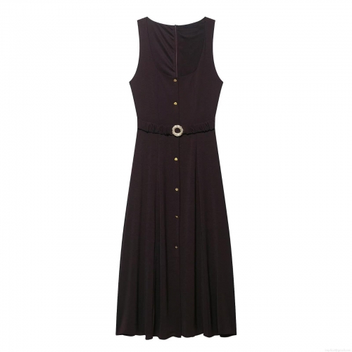 Women's Elegant Sleeveless Square Neck Midi Dress With Belt Single Breasted Button Decoration Polyester Slim Fit A-Line Dress For Office Party Daily Wear