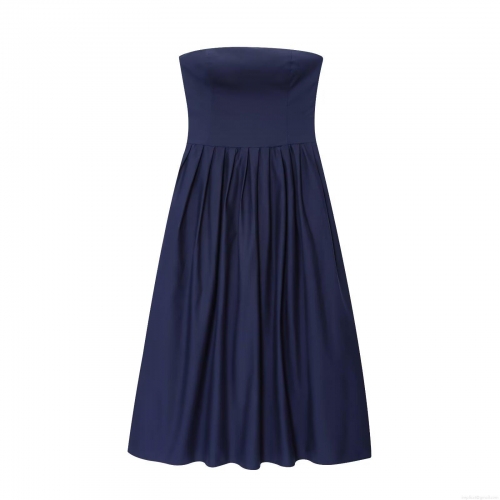 Women's Sexy Tube Top Midi Dress Elegant Backless Pleated A-Line Polyester Cotton Blend Dark Blue Party Evening Summer Celebration Dress