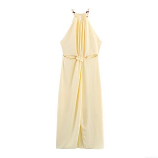 Women's Summer Halter Neck Midi Dress Sexy Cutout Waist Beaded Strap Elegant Solid Color Light Yellow Polyester Spandex Sleeveless Bodycon Slit Dress For Beach Party Vacation