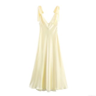 Women's Elegant Satin Slip Dress Sexy Deep V-neck Bow Tie Straps Solid Color Pale Yellow Midi Dress For Summer Party Cocktail Social Events
