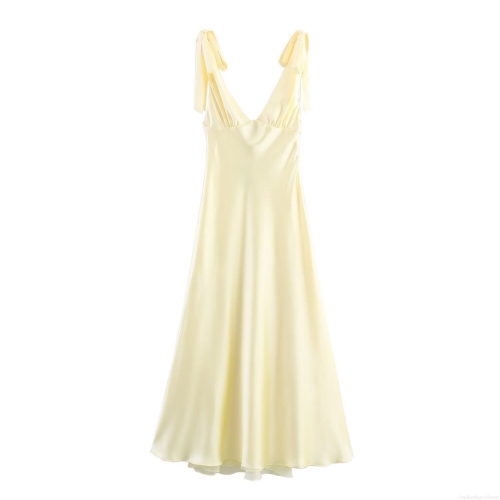 Women's Elegant Satin Slip Dress Sexy Deep V-neck Bow Tie Straps Solid Color Pale Yellow Midi Dress For Summer Party Cocktail Social Events