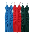 Sexy Backless V Neck Ruched Satin Cami Dress For Women Elegant Slim Fit Polyester Spandex Midi Evening Party Club Dress Summer