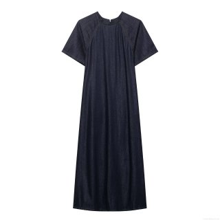 Women's Classic Dark Blue Denim Midi Dress Short Sleeve Round Neck Raglan Sleeve Contrast Stitching A-Line Slim Fit Casual Commuter Long Jean Dress