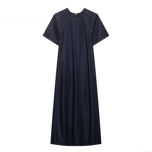 Women's Classic Dark Blue Denim Midi Dress Short Sleeve Round Neck Raglan Sleeve Contrast Stitching A-Line Slim Fit Casual Commuter Long Jean Dress