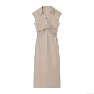 Women's Sleeveless Knitted Midi Dress Polo Collar V-Neck Slim Fit A-Line Dress with Gold Buttons Elegant Office Lady Casual Summer Solid Khaki Gown