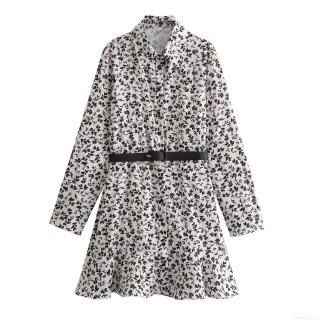 Women Elegant Floral Print Shirt Dress With Belt Long Sleeve Button Down A-Line Midi Dress Polyester Spandex Fashion Office Wear