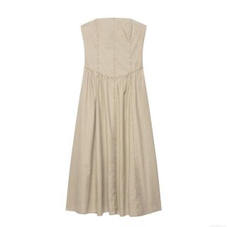 Women Sexy Khaki Strapless Midi Dress Polyester Spandex Blend Backless Zipper A-Line Pleated Stitching Elegant Party Evening Dress For Ladies