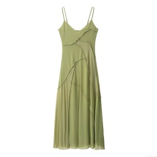 Women's Sexy Grass Green Patchwork Camisole Midi Dress Mesh Chiffon Ruffle V-Neck Sleeveless Sling Dress For Party Club Vacation Summer
