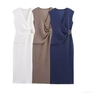 Women Elegant Sleeveless V-Neck Midi Dress With Side Metal Buckle Pleated Waist Slim Fit Polyester Spandex Solid Color Temperament Office Party Dress