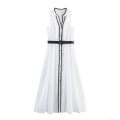 Women Sleeveless Midi Dress Elegant Contrast Trim V-Neck A-Line Summer Dress With Belt And Gold Buttons For Office Ladies Elegant Fashion Wear