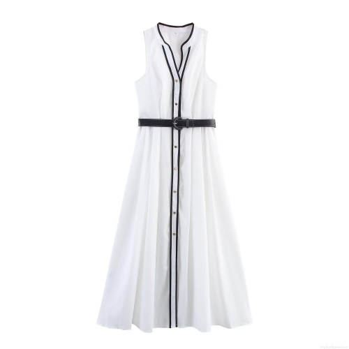 Women Sleeveless Midi Dress Elegant Contrast Trim V-Neck A-Line Summer Dress With Belt And Gold Buttons For Office Ladies Elegant Fashion Wear