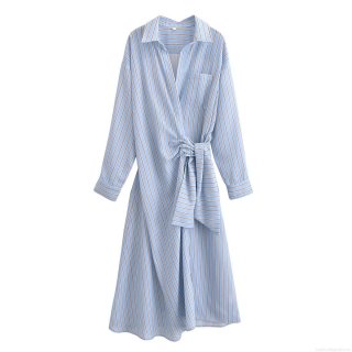 Women's Fashion Striped Shirt Dress Elegant Lapel Long Sleeve Midi A-Line Dress With Waist Tie Casual Daily Polyester Dress