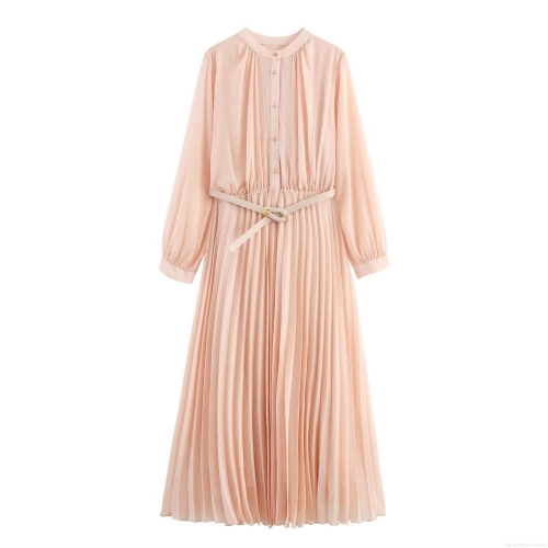 Elegant Chiffon Pleated Midi Dress With Belt Long Sleeve Round Neck A-Line Solid Color Temperament Commuter Dress For Women