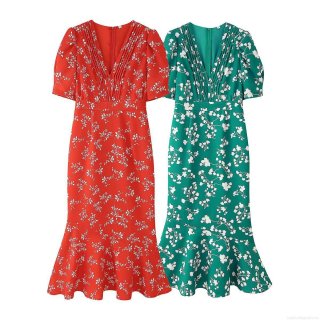 Women's V-Neck Puff Sleeve Floral Print Fishtail Midi Dress Summer Elegant Waist Cinching Polyester Spandex Dresses For Women Office Party Vacation