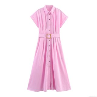 Women Elegant Pink Cotton Poplin Midi Dress Short Sleeve Lapel Shirt Dress with Belt and Front Pin-tuck Detail Summer Casual Office Lady A-Line Dress