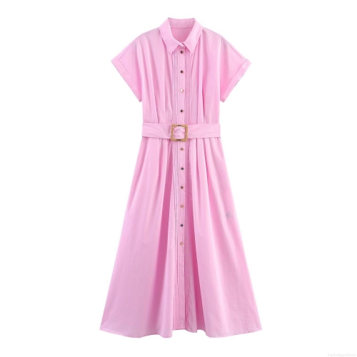 Women Elegant Pink Cotton Poplin Midi Dress Short Sleeve Lapel Shirt Dress with Belt and Front Pin-tuck Detail Summer Casual Office Lady A-Line Dress