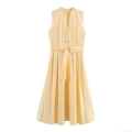 Women Sleeveless V Neck Button Down Pleated Midi Dress With Belt Solid Color Pale Yellow Poplin Polyester Elegant Casual Party Summer Autumn Dress