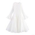 Elegant White Long Sleeve Midi Dress For Women Flare Cuffs Ruffle Trim Round Neck Button Detail Slim Fit A-Line Evening Party Polyester Dress