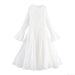 Elegant White Long Sleeve Midi Dress For Women Flare Cuffs Ruffle Trim Round Neck Button Detail Slim Fit A-Line Evening Party Polyester Dress