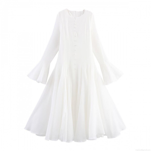 Elegant White Long Sleeve Midi Dress For Women Flare Cuffs Ruffle Trim Round Neck Button Detail Slim Fit A-Line Evening Party Polyester Dress