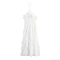 Women's Sexy Halter Backless Ruffle Chiffon Midi Dress Elegant Solid White Sleeveless A-Line Party Evening Wedding Guest Dress