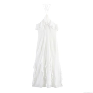 Women's Sexy Halter Backless Ruffle Chiffon Midi Dress Elegant Solid White Sleeveless A-Line Party Evening Wedding Guest Dress