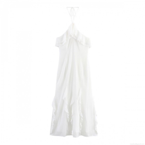 Women's Sexy Halter Backless Ruffle Chiffon Midi Dress Elegant Solid White Sleeveless A-Line Party Evening Wedding Guest Dress