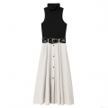 Women's Elegant Sleeveless Patchwork Midi Dress Mock Neck Contrast Color Knit Top A-Line Skirt With Belt Gold Buckle Office Party Lady Dress