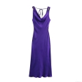 Sexy Backless Purple Satin Midi Dress With Gold Metal Rings Cowl Neck Crinkle Texture Sleeveless Slip Dress For Women Party Night Club Elegant Summer Evening Outfit