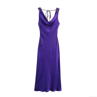 Sexy Backless Purple Satin Midi Dress With Gold Metal Rings Cowl Neck Crinkle Texture Sleeveless Slip Dress For Women Party Night Club Elegant Summer Evening Outfit
