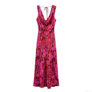 Women Sexy Cowl Neck Backless Floral Print Satin Midi Dress Elegant Lace-up A-Line Sleeveless Party Vacation Long Dresses