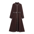 Elegant Women's Pleated Midi Dress Long Sleeve Polyester Chiffon Shirt Collar Dress With Belt Contrast Piping Design Solid Coffee Office Commute Dress