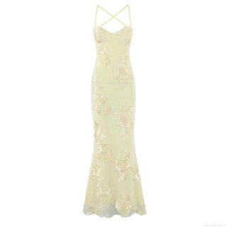 Women Sexy Backless Mesh 3D Flower Embroidery Cami Dress Elegant Slim Fit Fish Tail Midi Evening Party Wedding Dress