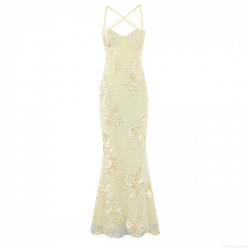 Women Sexy Backless Mesh 3D Flower Embroidery Cami Dress Elegant Slim Fit Fish Tail Midi Evening Party Wedding Dress