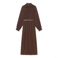 Women's Elegant Deep Brown Pleated Midi Dress With Metal Buckle Belt Long Sleeve Shirt Collar Polyester Chiffon Solid Color High Waist Dress For Party Office Lady
